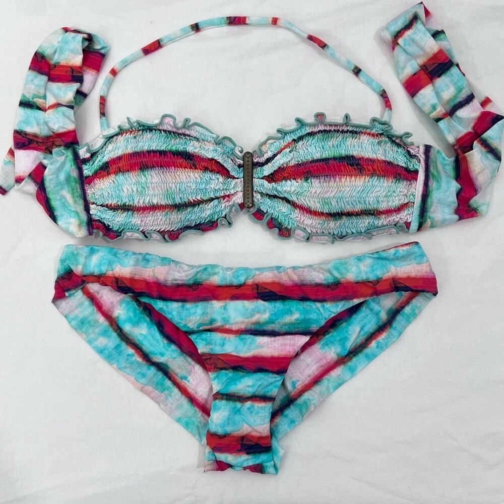 Sofia by ViX Smocked Bandeau Halter Bikini Set Aqua Tie Dye Size S